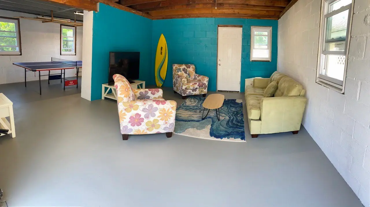 Garage game room with ping pong